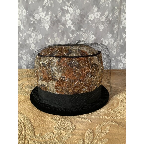 Vintage 60s Cloche Hat 1960s Gold & Black Oversize Pillbox Retro Jackie Kennedy - Picture 3 of 6